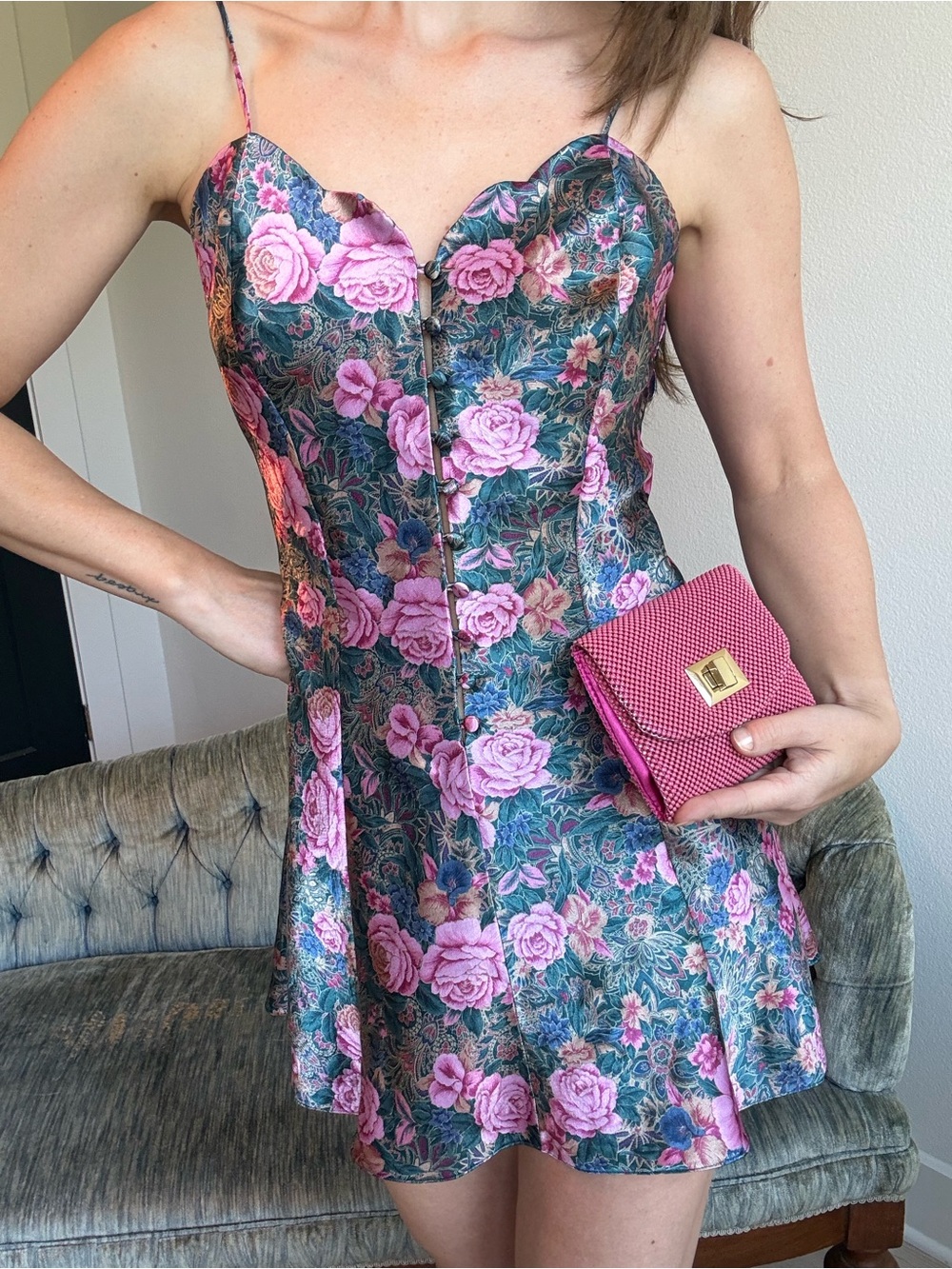 Victoria's Secret 80s Floral Mini Dress Small Button Front Gold Label - Picture 10 of 13